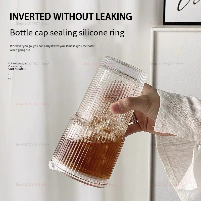 كوب مشروبات باردة بسعة كبيرة، كوب شاي بالحليب، قش مع غطاء زجاجي مخطط عموديًا، كوب قهوة للمكتب المنزلي #2