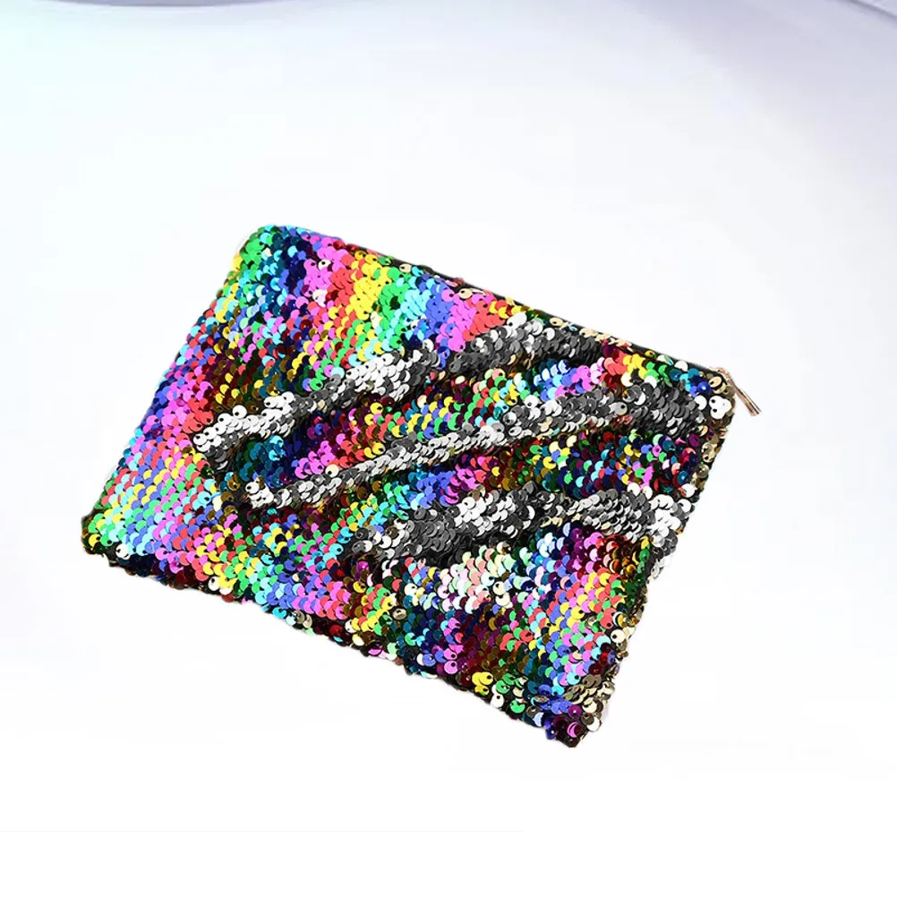Sequined Pencil Case Rainbow Silver Stylish Waterproof Zipper Pen Bag for Students Women Stationery Sequined Pencil Case