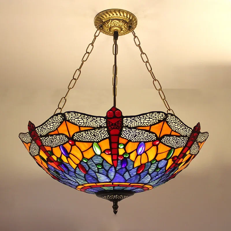 

KERWIN Tiffany Pendant Lamp LED Retro Creativity Living Room restaurant Bedroom Villa Hotel Corridor Color Glass Chandelier