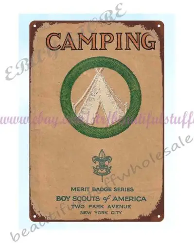 1932 Camping Merit Badge Pamphlet Cover Boy Scouts of America metal tin sign