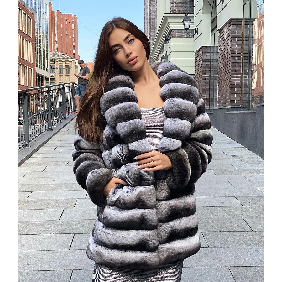 Natural Chinchilla Rex Rabbit Fur Coat Women Mid-length Best Seller Styles 2024 Warm Winter Fur Jackets