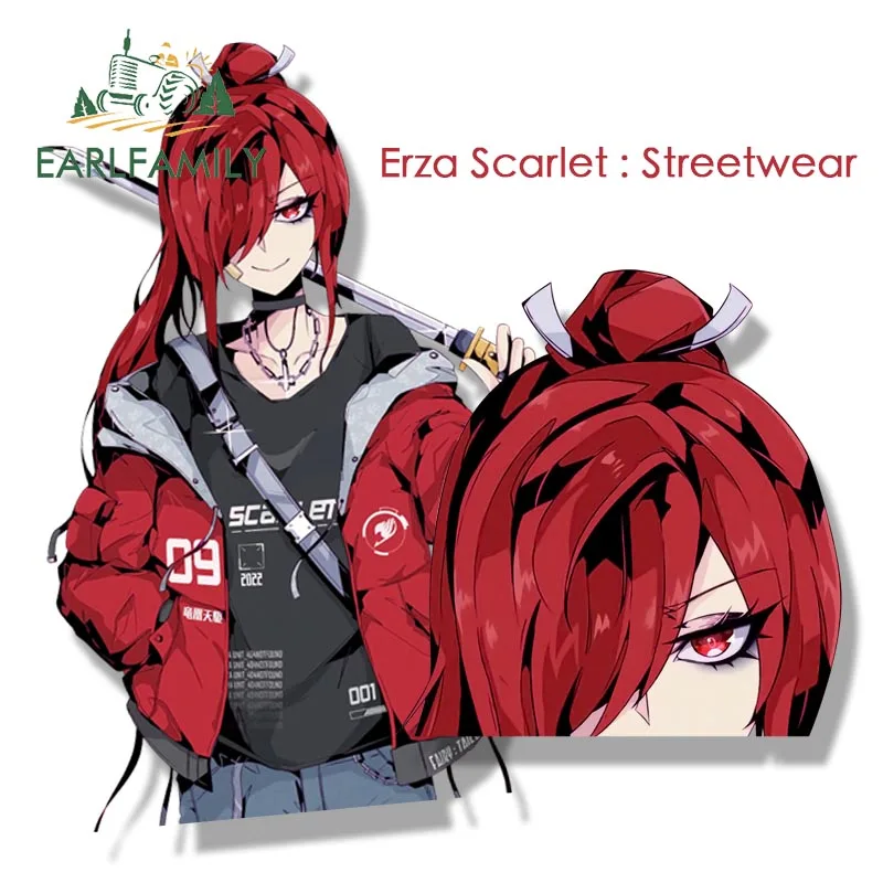EARLFAMILY Streetwear Erza Scarlet Fanart Car Sticker Janpan Anime Sketch Waifu Decals JDM Cartoon Peeker Girl Stickers Car Wrap