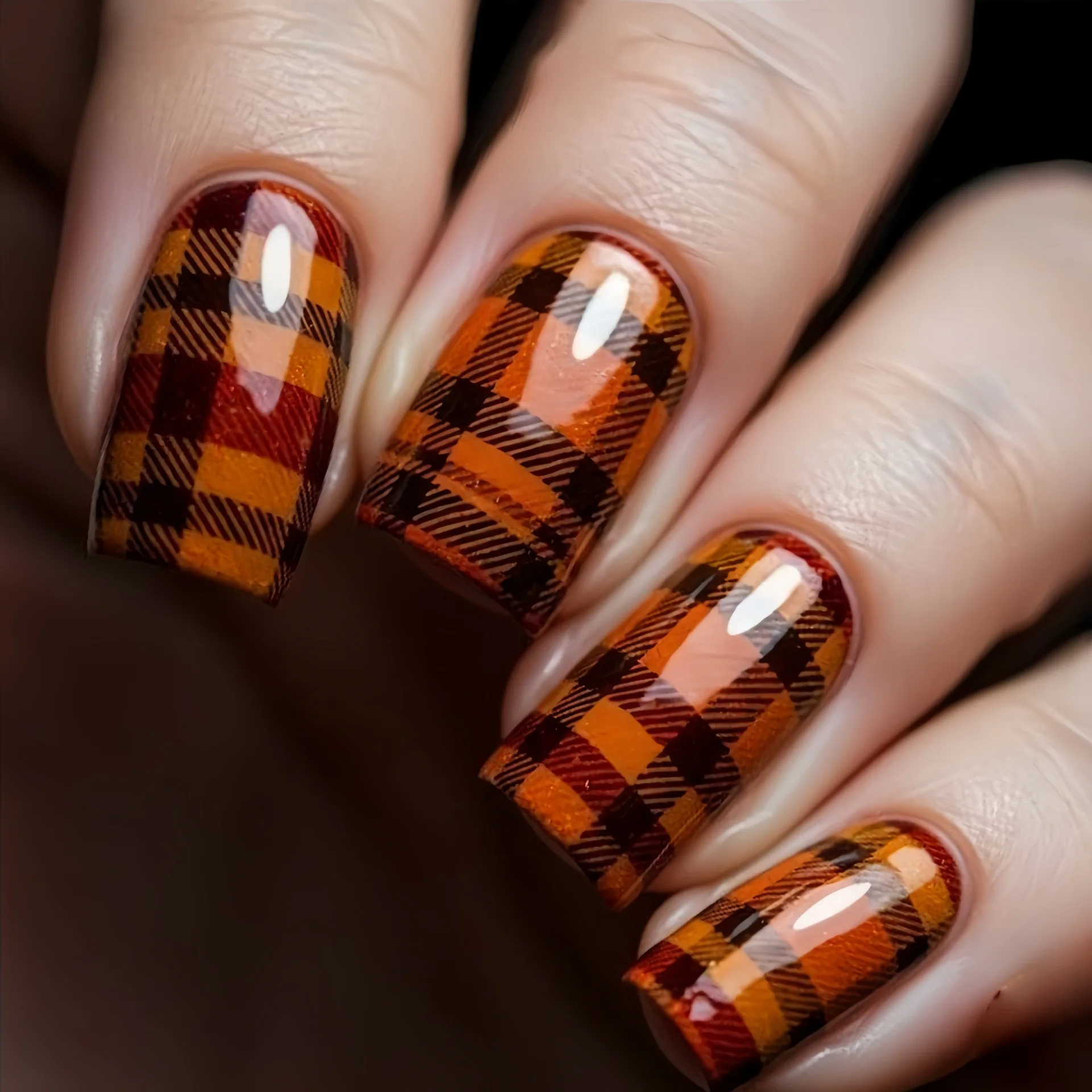 Kurze mittelgroße künstliche Nägel für Damen und Mädchen, braun, schwarz, rot, weiß, Gitterstreifen-Design, glänzend, matt, quadratische Spitzen, zum Aufdrücken künstlicher Nägel