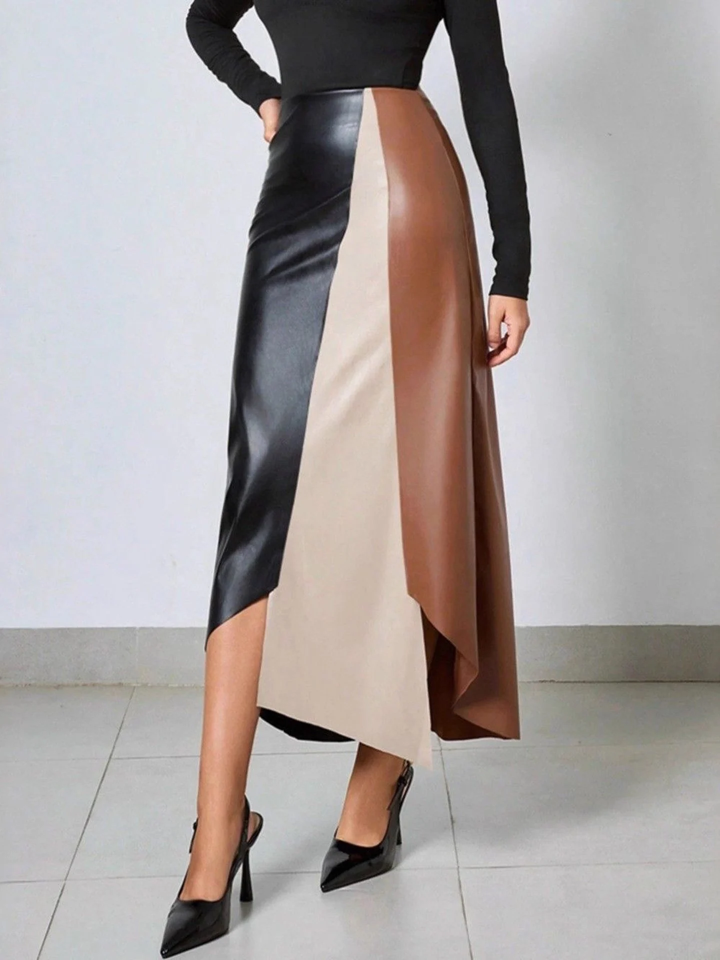 Stylish Color Block PU Leather Half Skirt Women's High Waist Zipper Slimming Versatile Bodycon Long Skirt Fashionable America...