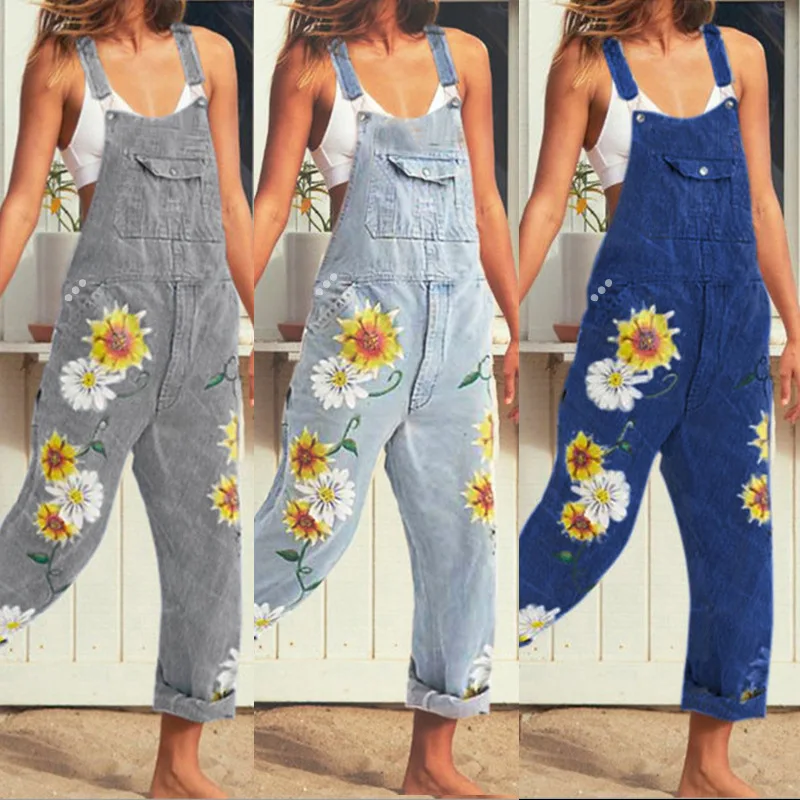 

2024 Women Girl Washed Denim bodysuit Ladies Casual Jeans Flower Print Rompers Womens Jumpsuit Overalls #4 Denim Jumpsuits