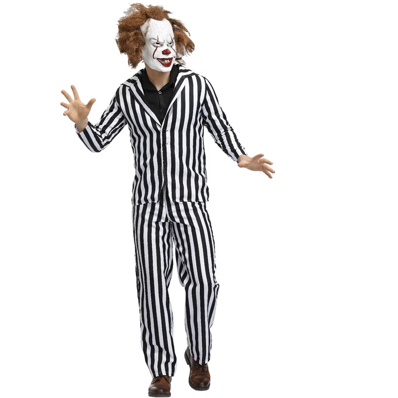 3pcs Stripe Killer Clown Scary Joker Suit Stephen King's It Pennywise Cosplay Costumes Men Adult Halloween Party Magician Outfit