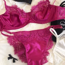 2 Pieces Rose Sexy Underwear Set for Women French Ultra-thin Lace Bra Set Female Breathable Bras and Panties Intimates Lingerie