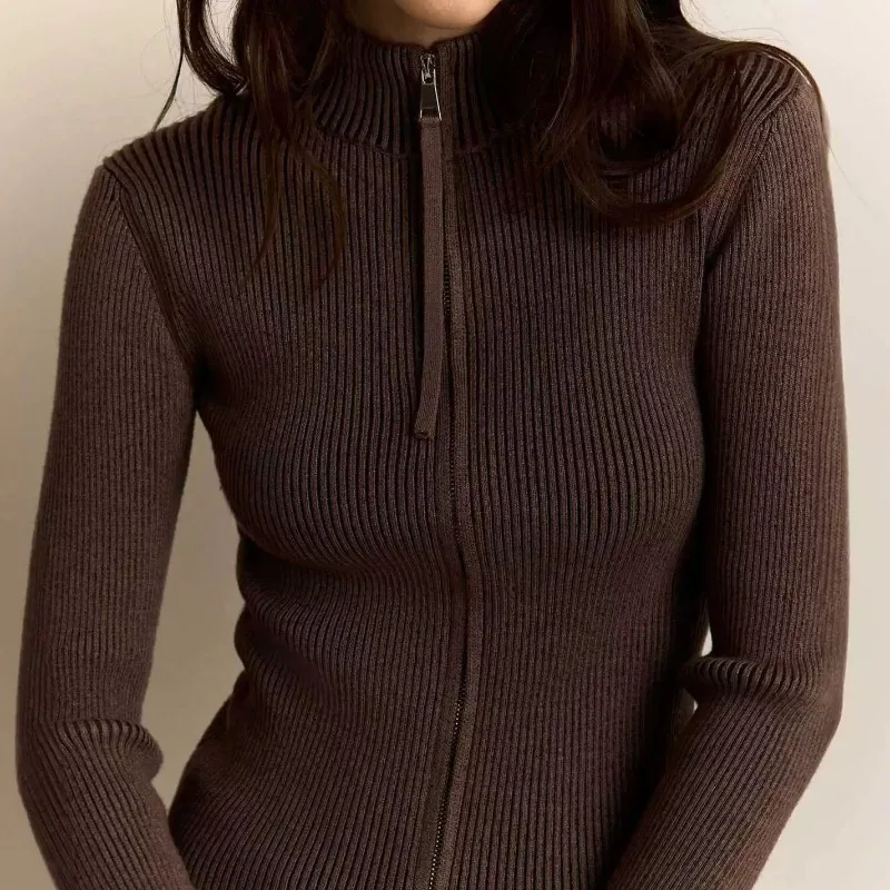 

НОВЫЙ Модные топы с длинными рукавами на молнии и воротником-стойкой с высокой талией 2026, весенняя новая женская одежда, трикотажные топы, однотонные