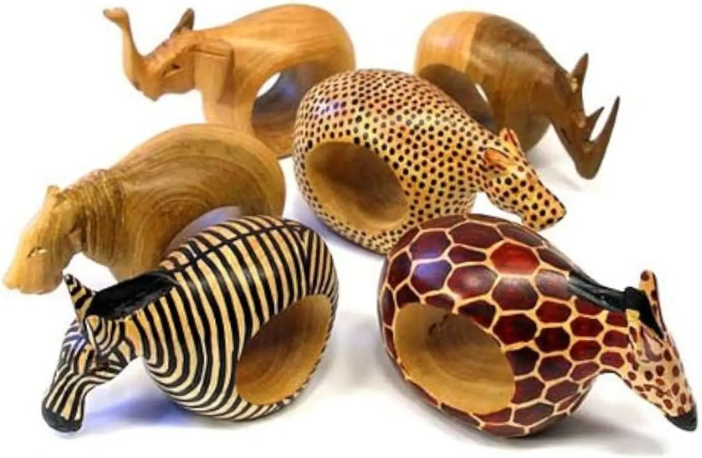 

Hand Carved Wood Animal Napkin Rings Set of 6 - Safari Lion Elephant Giraffe Zebra Rhino Cheetah for Rustic Table Decor