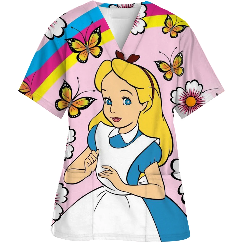 Disney Princess Print nurse uniform dental clinic V-neck surgical gown Snow White pet hospital work clothes women's short-sleeve