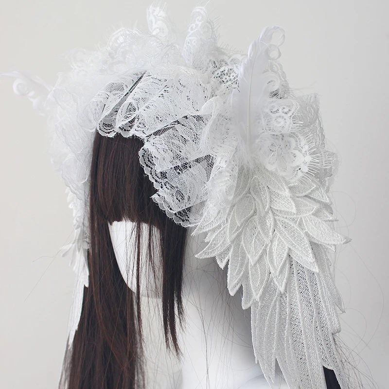 Dolce ed elegante fatto a mano Lolita Accessori per capelli Ali Patchwork di pizzo Fiocco con lacci Fascia per capelli Donna JK Anime Cameriera Cosplay Copricapi