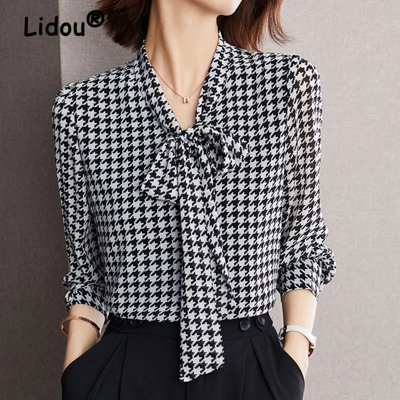 Office Lady Plus Size Fashion Thousand Bird Plaid Shirt Neckline Lace-up Thin Chiffon England Style Bow Lantern Sleeve Printing