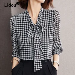 Office Lady Plus Size Fashion Thousand Bird Plaid Shirt Neckline Lace-up Thin Chiffon England Style Bow Lantern Sleeve Printing