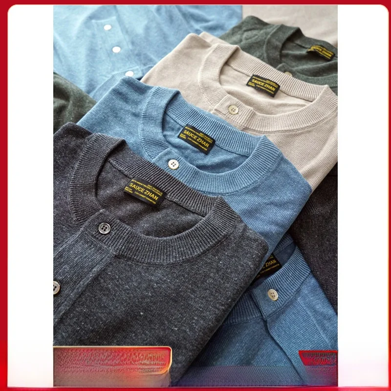 

SauceZhan Knitted Henry Collar ort Sve Men's T-irt Loose Versatile American Retro Khaki Casual f Sve T-irt