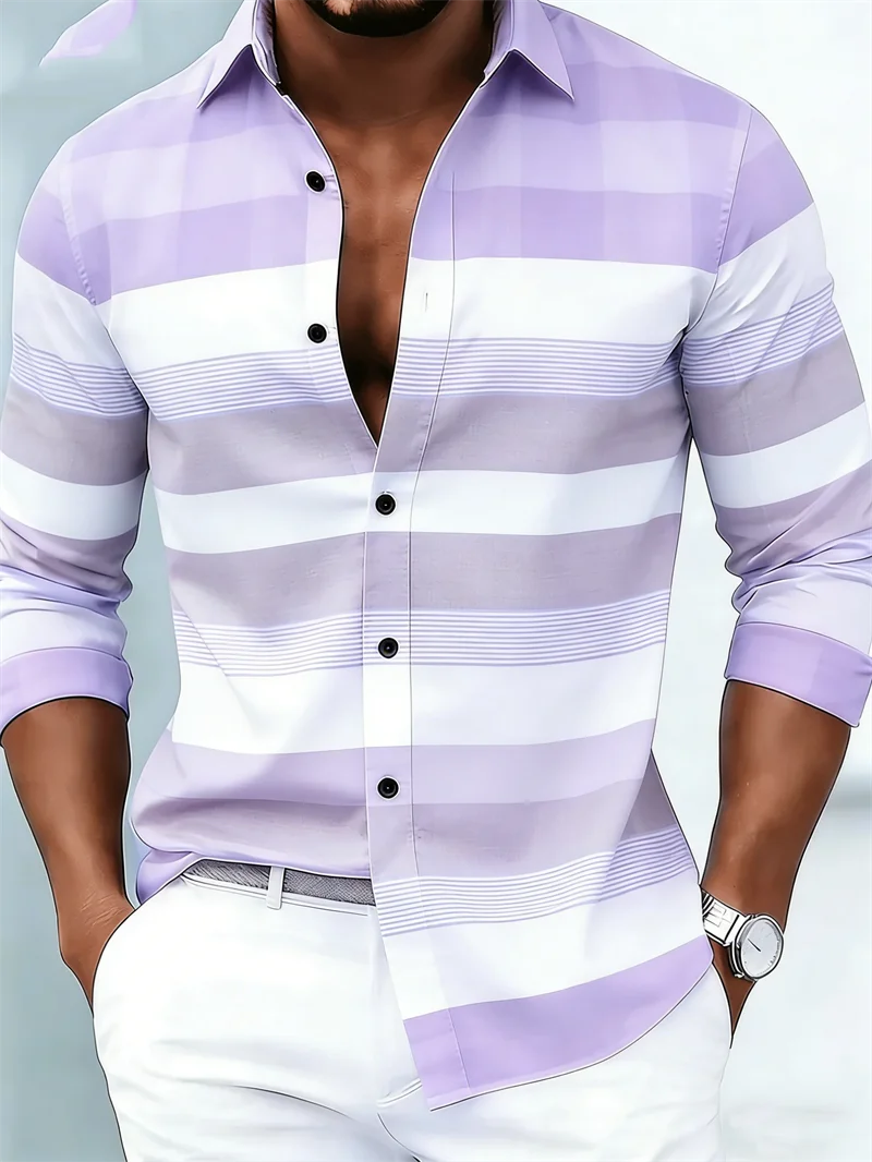 New men's long sleeved shirt casual fashion 3D striped print high-quality shirt single breasted long sleeved top image 5