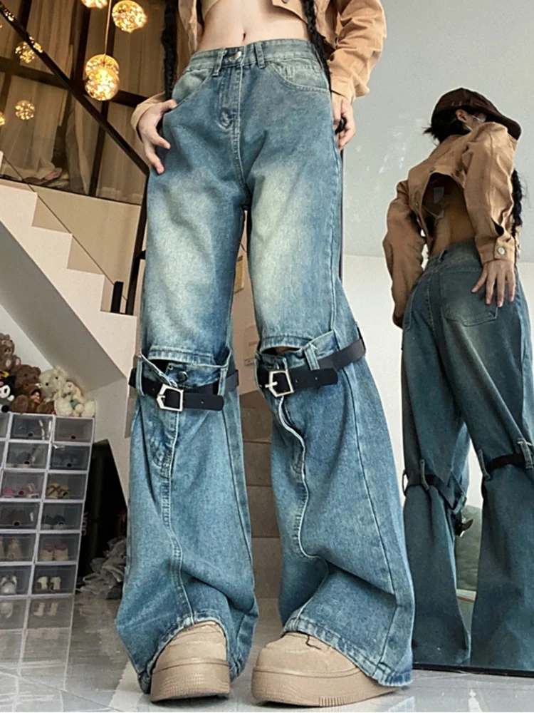 

Woman American Style High Waist Do Old Ripped Design Straight Leg Jeans Female High Street Niche Loose Gothic Washed Trousers