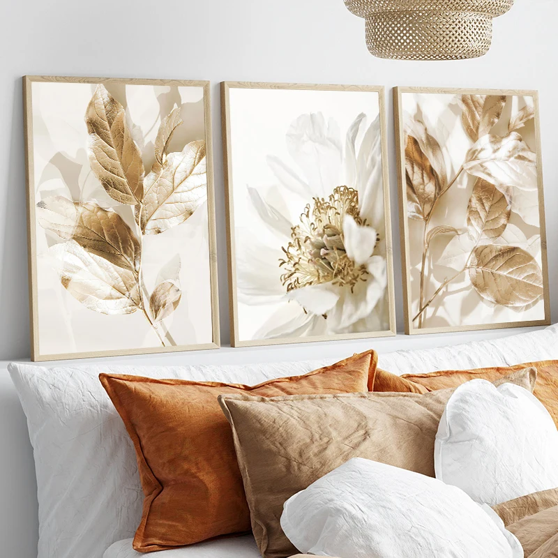 Nordic White Floral Golden Leaves Poster Wall Art Canvas Painting And Prints Pictures Living Room Interior Home Decor Frameless