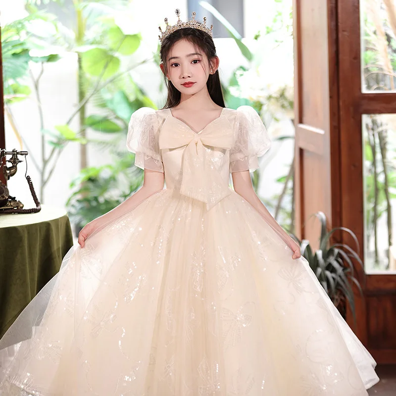 French children's dress piano small host performance dress girl birthday pompadour gauze 2024 new summer princess dress