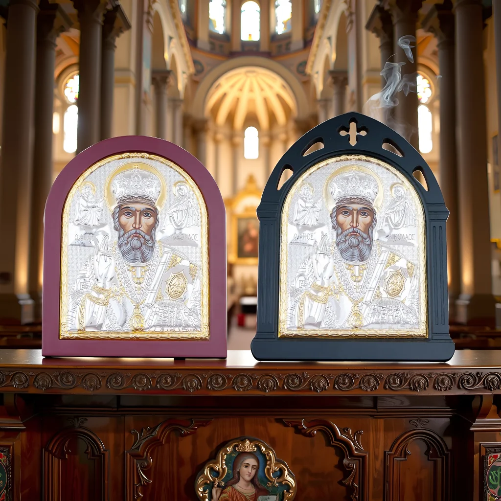 

HTISOK Saint Nicholas Icon Gold Plated Zinc Alloy with Wooden Frame Religious Decor Christmas Home Decoration