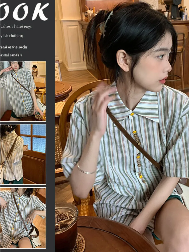 Vertical striped shirt for women's summer French retro fresh design feeling high-end Polo neck short sleeved casual top 8AK7