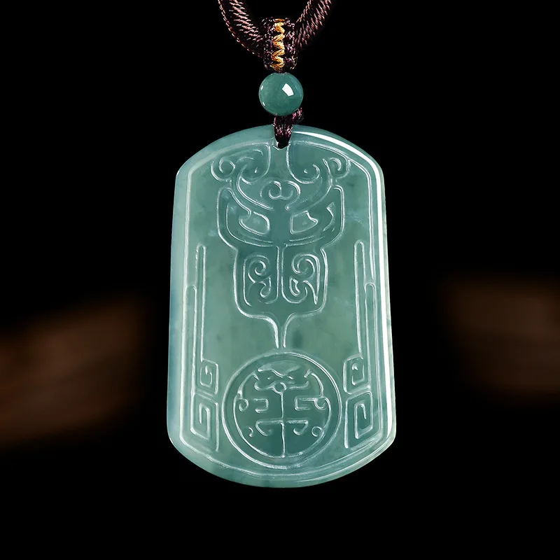Burmese Emerald Jade Blue Water Ancient Beast Mask Pendant Amulets Fashion Natural Emerald Jewelry Gifts Men Women Certificate
