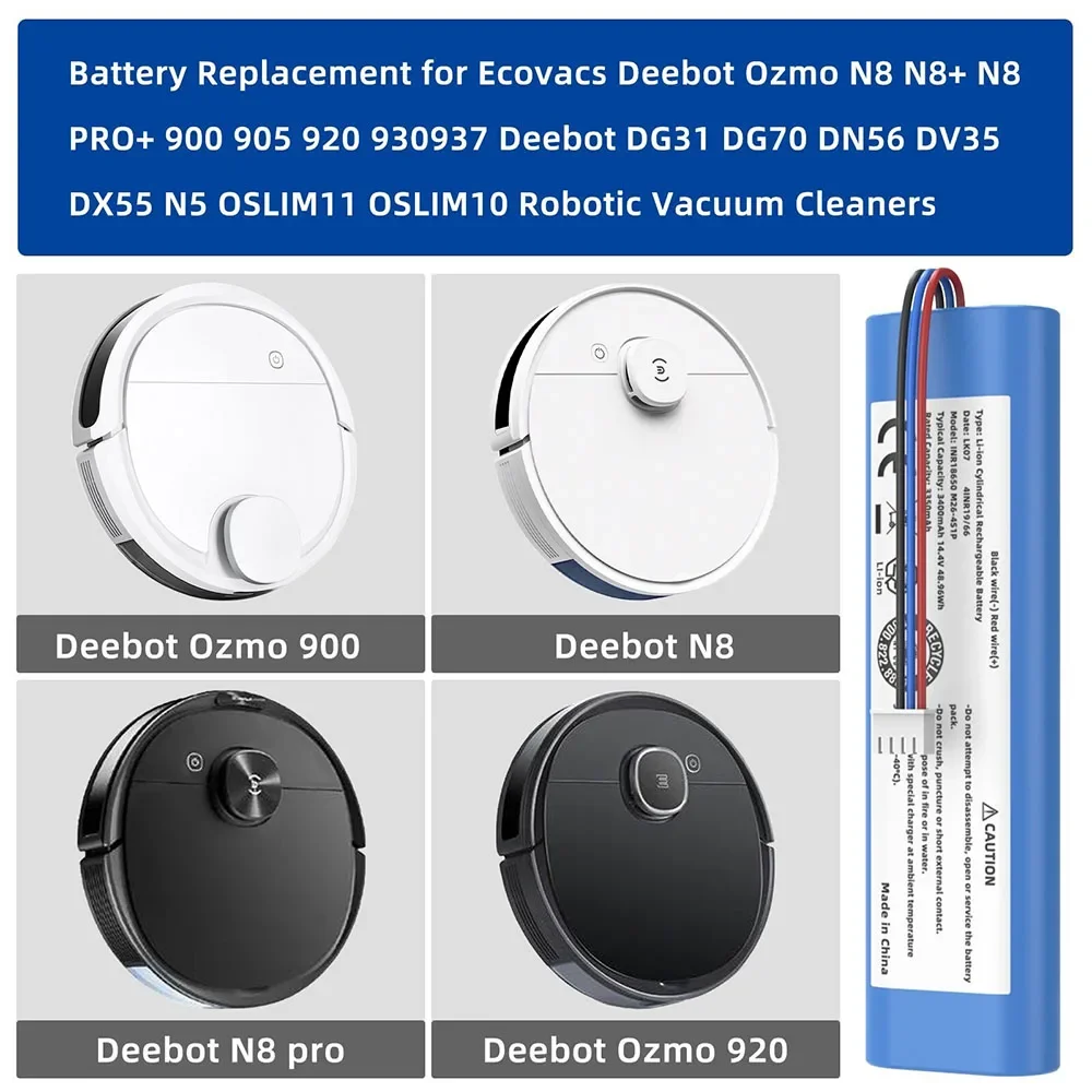 

Deebot N8 N8+ N8 Pro Ozmo 900 930 937 Compatible Li-ion Battery 14.4V 3400mAh, Premium Cells, Stable Power Replacement