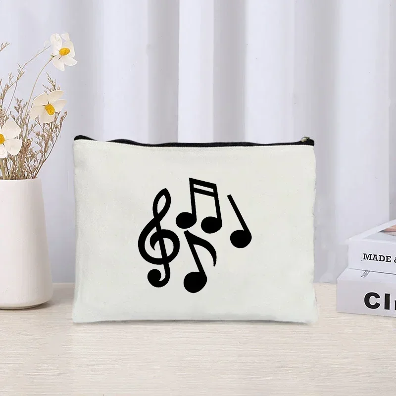 2023 Trendy Music Note Make Up Bag Women Travel Perfume Lipstick Organizer White Eco Canvas Cosmetic Pouch Toiletry Bag Purse