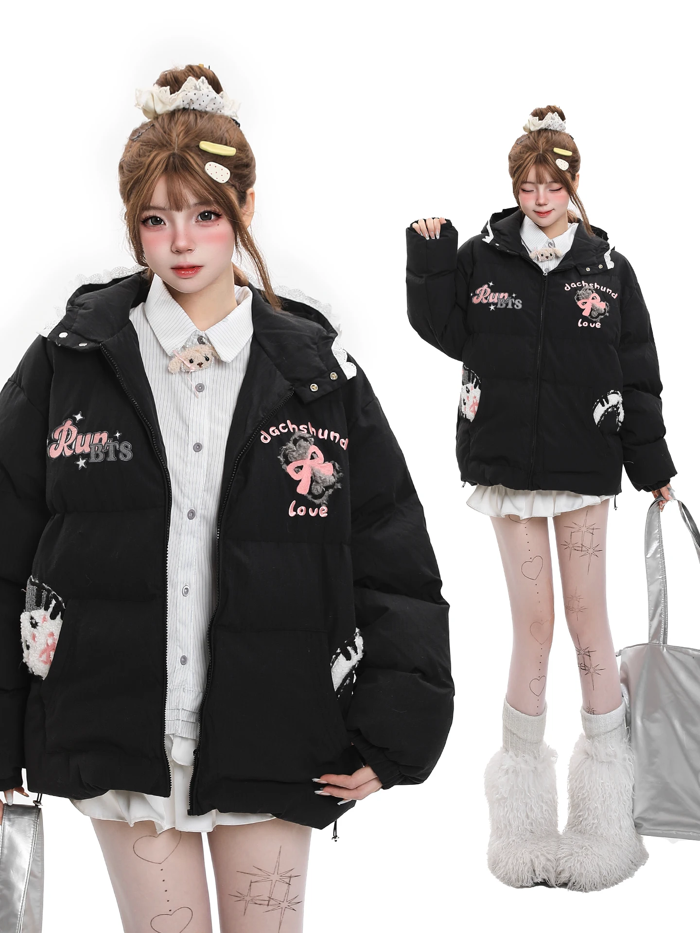 Korean Style Casual Cartoon Embroidery Hooded Jacket Women's Winter Loose Casual Thickened Super Beautiful Cotton Coat Trendy