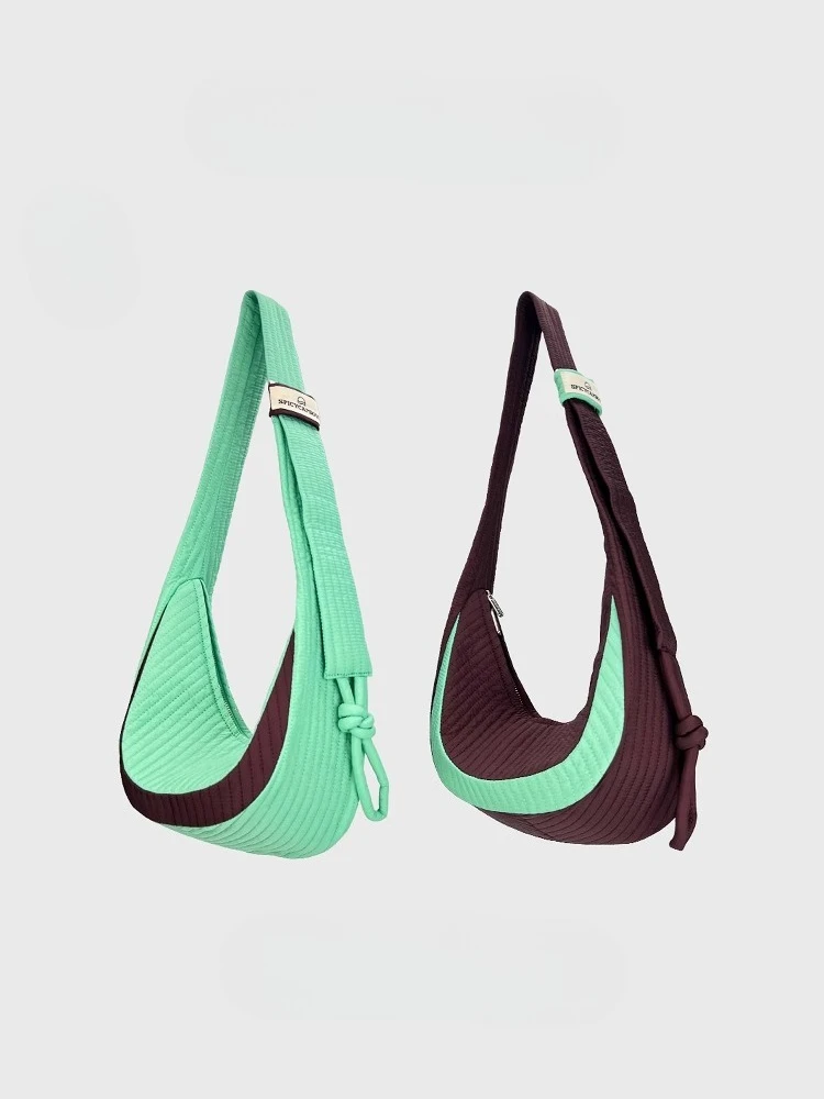 

Retro contrasting color embroidery thread crescent moon dumpling bag, one shoulder messenger bag