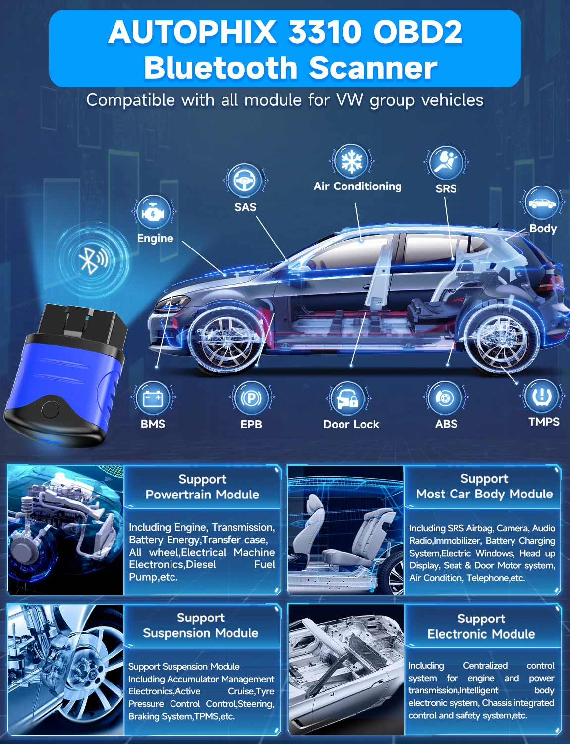 AUTOPHIX 3310 Bluetooth OBD2 Diagnostic Scanner All Systems Code Reader Oil Reset ABS SRS Full System Scan Tools For VW Skoda