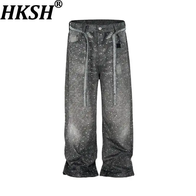 

HKSH весна лето новые мужские High Street Tide шикарные прямые джинсы с бриллиантами и поясом винтажные потертые повседневные модные брюки HK6388