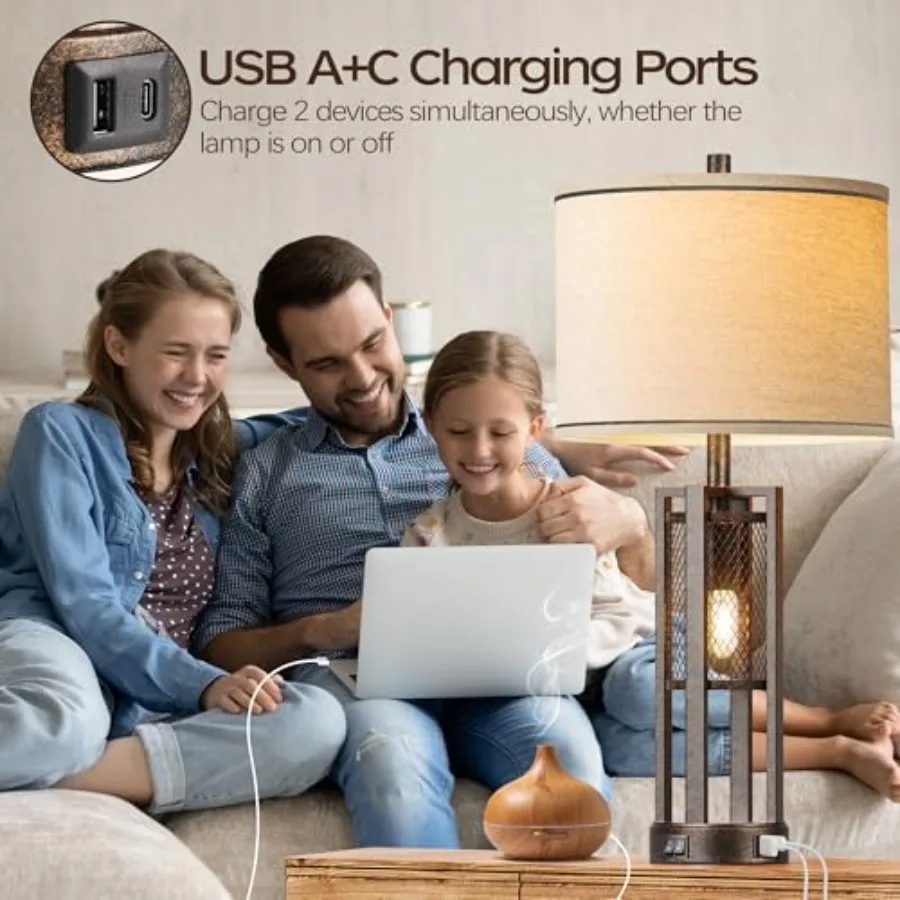 Lámpara de mesa industrial de granja de 28 pulgadas, juego de 2 lámparas de mesita de noche rústicas con puertos USB A + C duales, malla metálica bronce nocturna