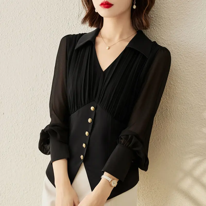 Elegant Chic Ruffled Slim Office Lady Business Casual Shirts 2023 Fashion Black White V Neck Long Sleeve Top Blouse Women Blusas