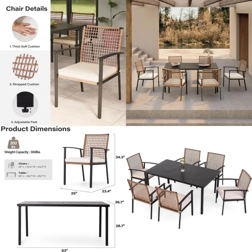 

7-Piece Patio Dining Set: 6 Chairs with Cushions and Iron Slat Table for Outdoor, Garden, and Poolside