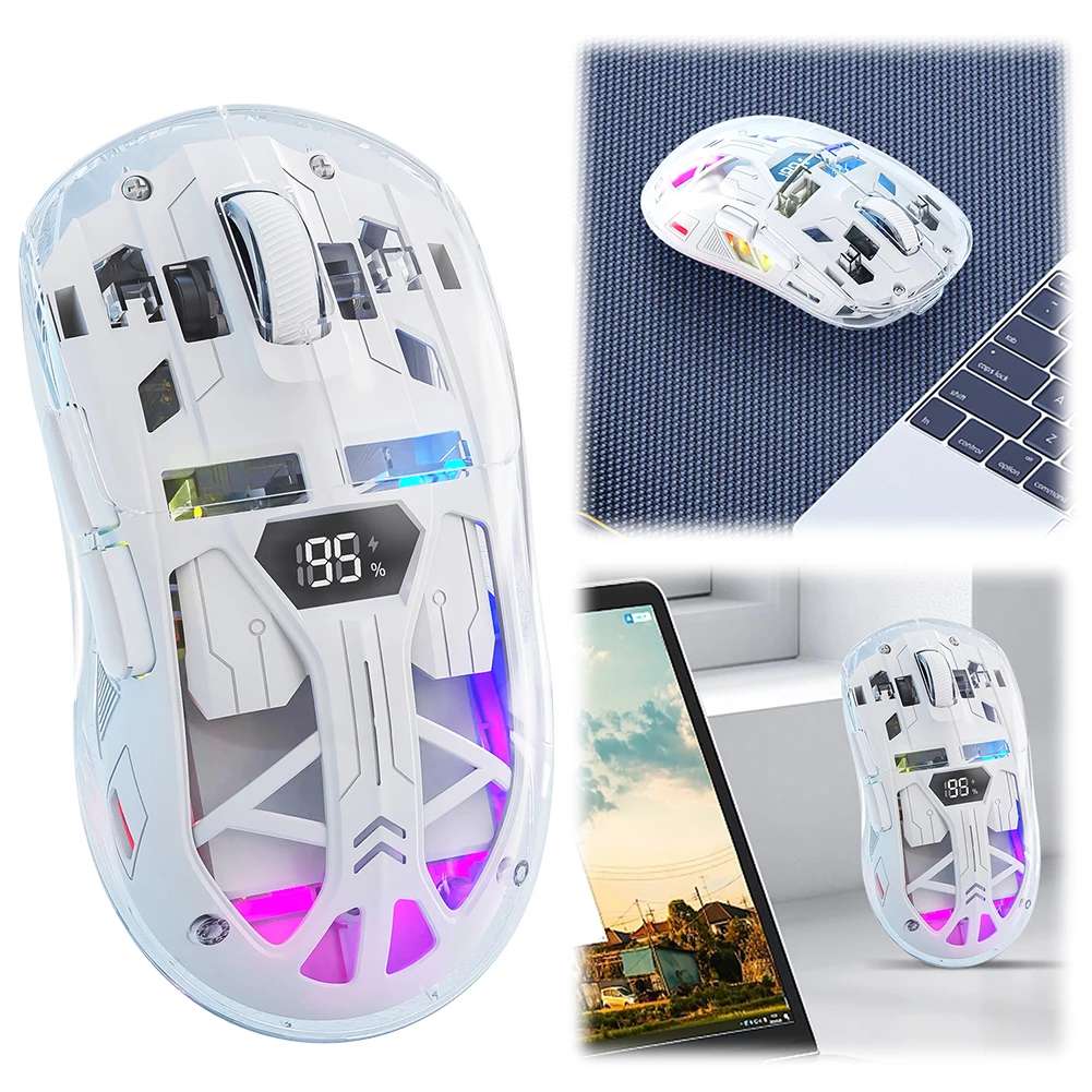 Transparent Mice 2.4GHz+BT5.0 Wireless Gaming Mouse Digital Display Multi Device Connection 5 Level DPI for Laptop/Phone/PC/Mac