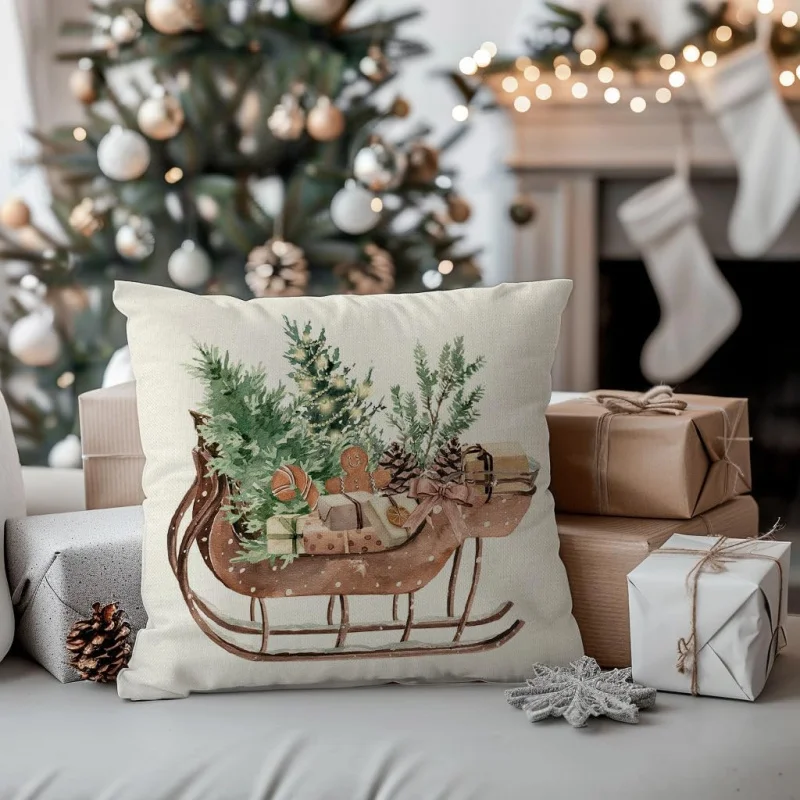 Christmas Wooden Xmas Tree Sleigh Neutral Rustic Farmhouse Winter Holiday Decorative Throw Pillow Cases Set of 4