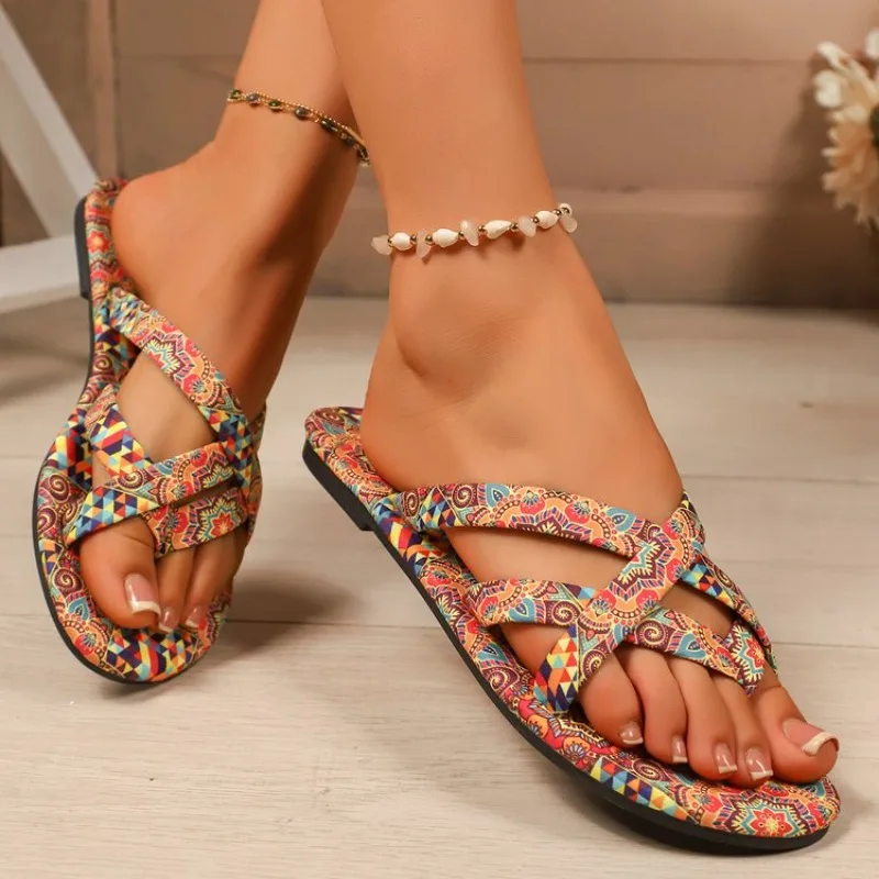 

Новинка 2023 года, женские тапочки, пляжные тапочки большого размера, удобные сандалии с открытым носком, модная женская обувь в богемном стиле, женские шлепанцы