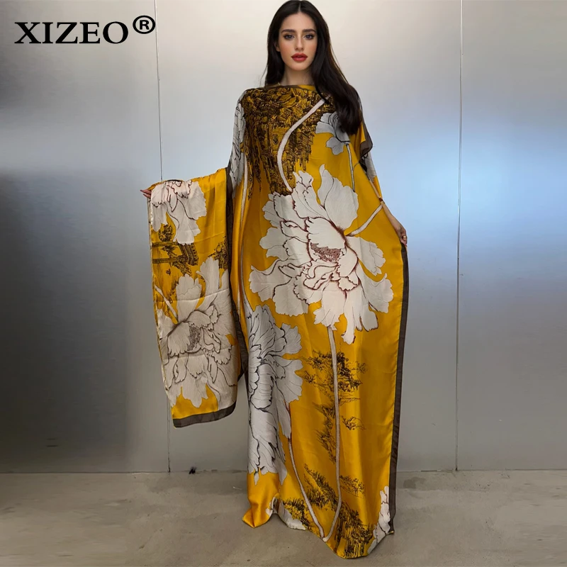 

XIZEO muslim african dresses for woman dubai abaya Crew Neck Wave dot print Kaftan Dress, Elegant Maxi Length Dress, maxi dress