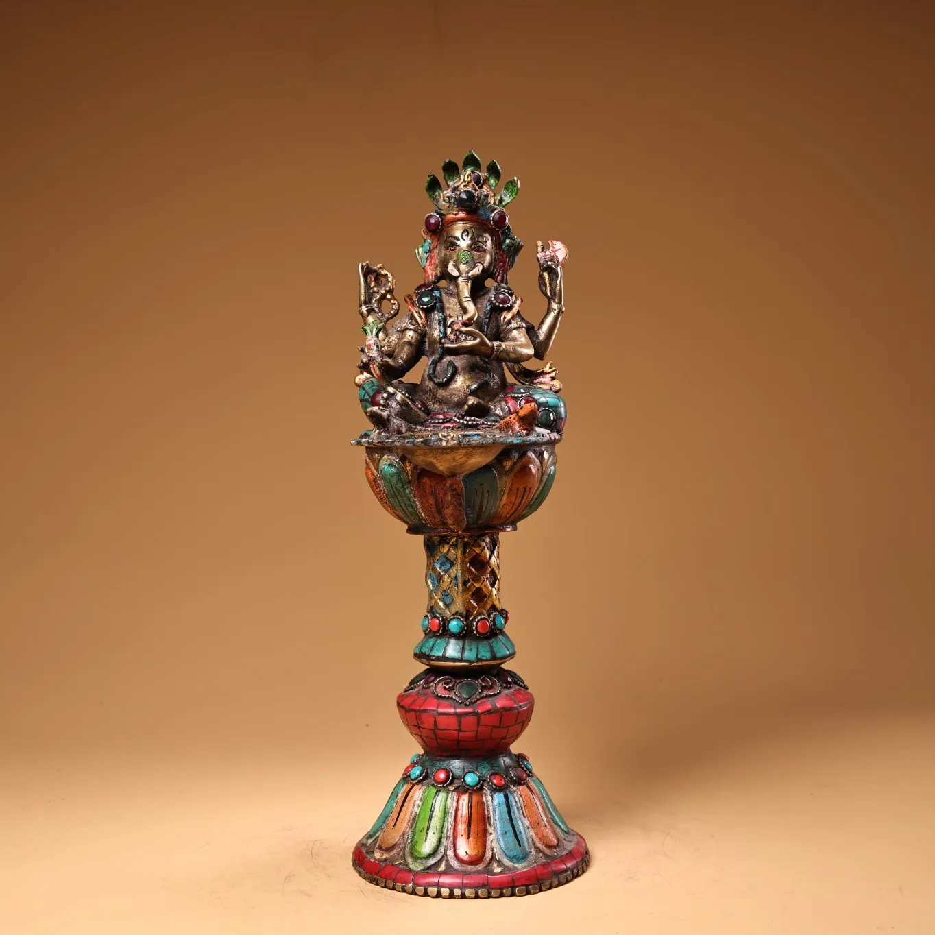 

12"Tibetan Temple Collection Old Bronze Painted Outline in gold Mosaic Gem Turquoise GANESH Buddha Candlestick Worship Hall