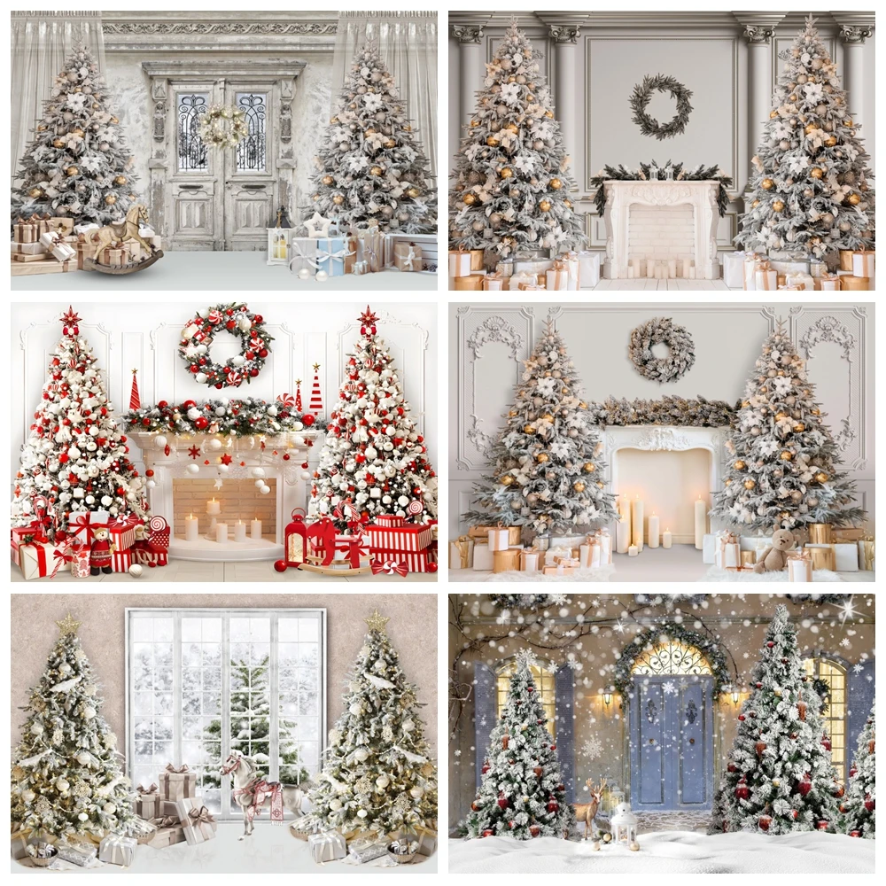 

White Christmas Backdrop Xmas Tree Interior Fireplace Merry Christmas Winter Snow Family Portrait Photography Background Decor