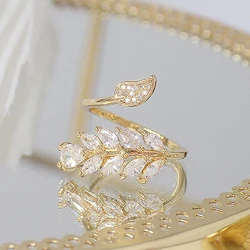 Huitan Korean Style Olive Leaf Rings Gold Color Luxury Fashion CZ Finger Accessories for Women Adjustable Opening Rings Jewelry