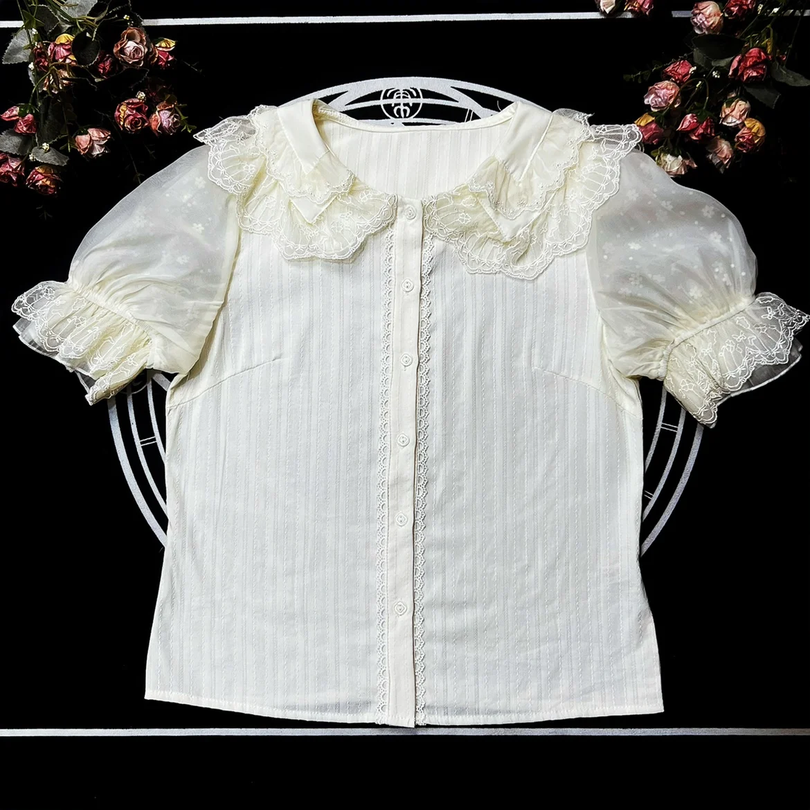 Dophee Original Japan Style Puff Short Sleeve Shirts Cute Lolita Tops Elegant Lace Peter Pan Collar Single-breasted Casual Shirt