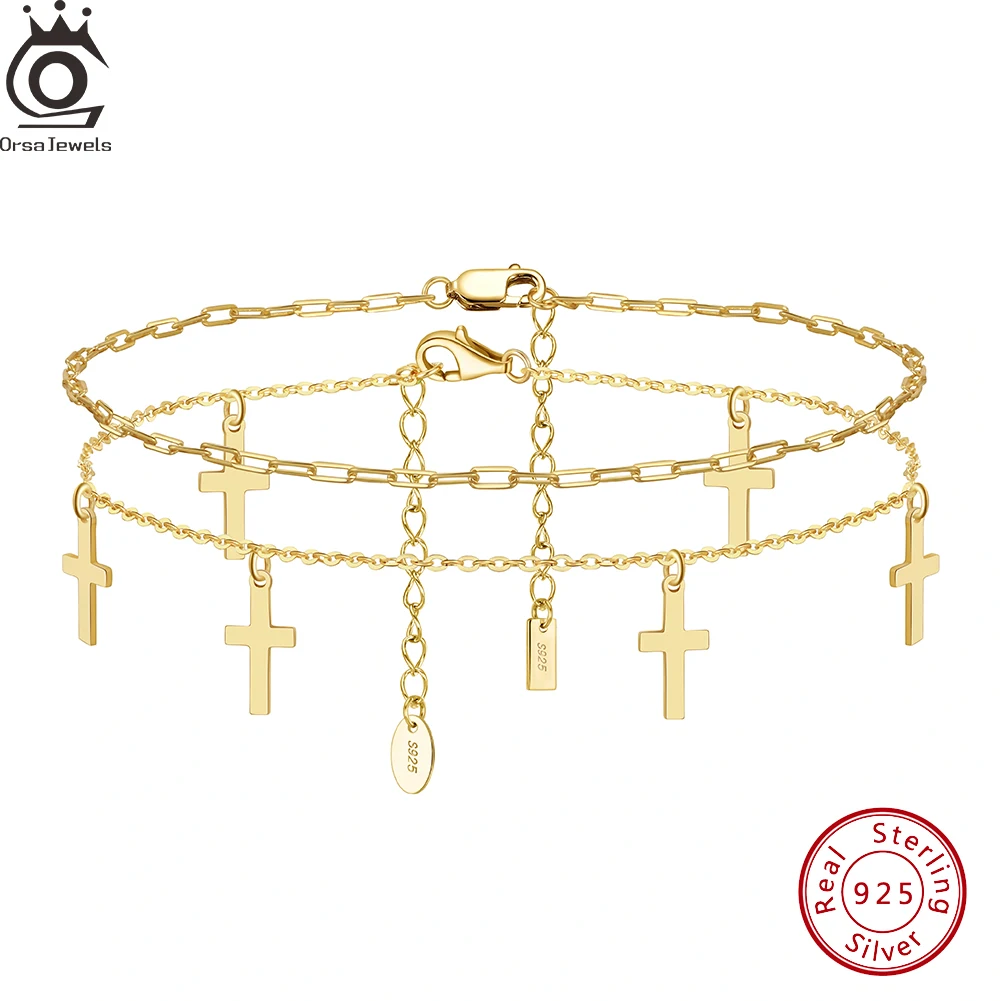 

ORSA JEWELS 925 Sterling Silver Double Layer Cross Pendants Anklets 14K Gold Rhodium Plated Layered Foot Bracelet on Leg SSA05