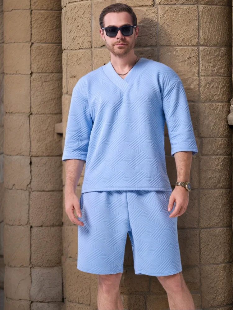 2025 New Style summer men's Set: Fashionable and casual solid color jacquard V-neck half-sleeve drawstring shorts two-piece set