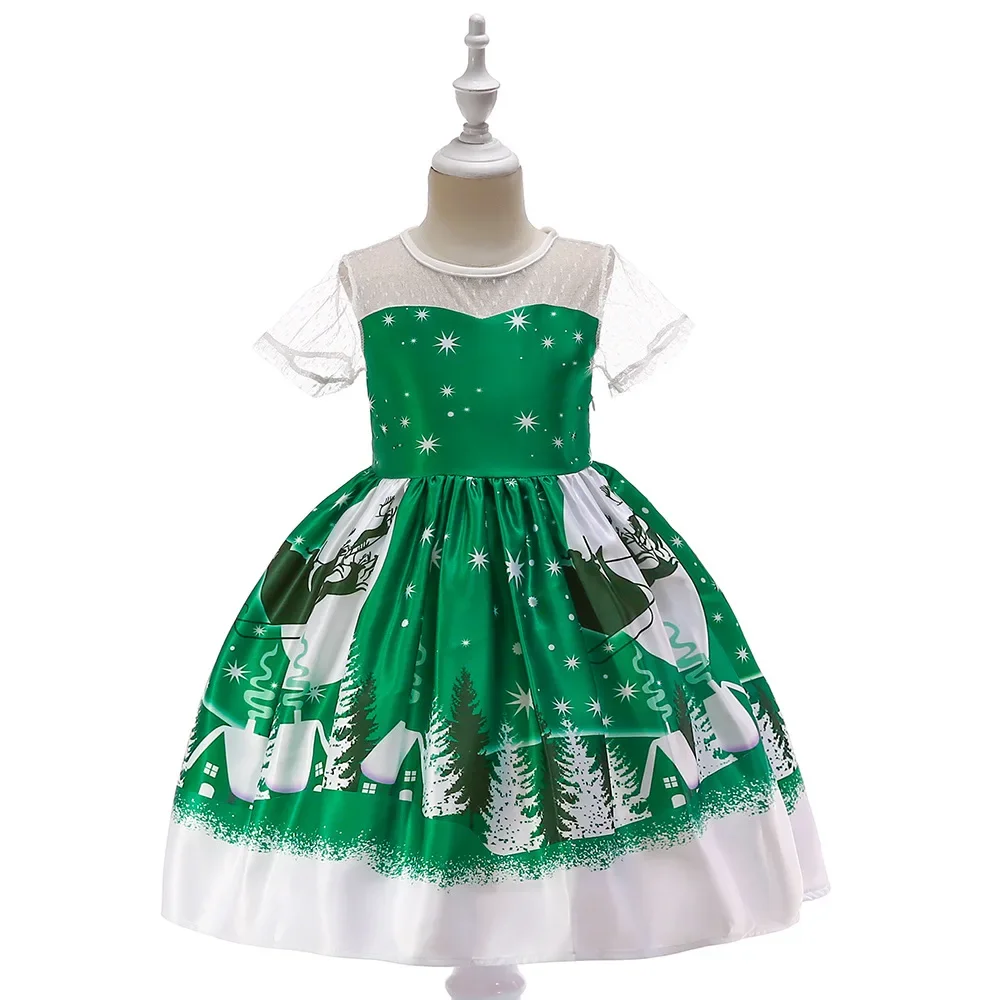 Girl Christmas Cartoon Santa Claus Snowflake ‌Reindeer Print Princess Dress Kid Bowknot Xmas Party Costume Festival Elegant Gown