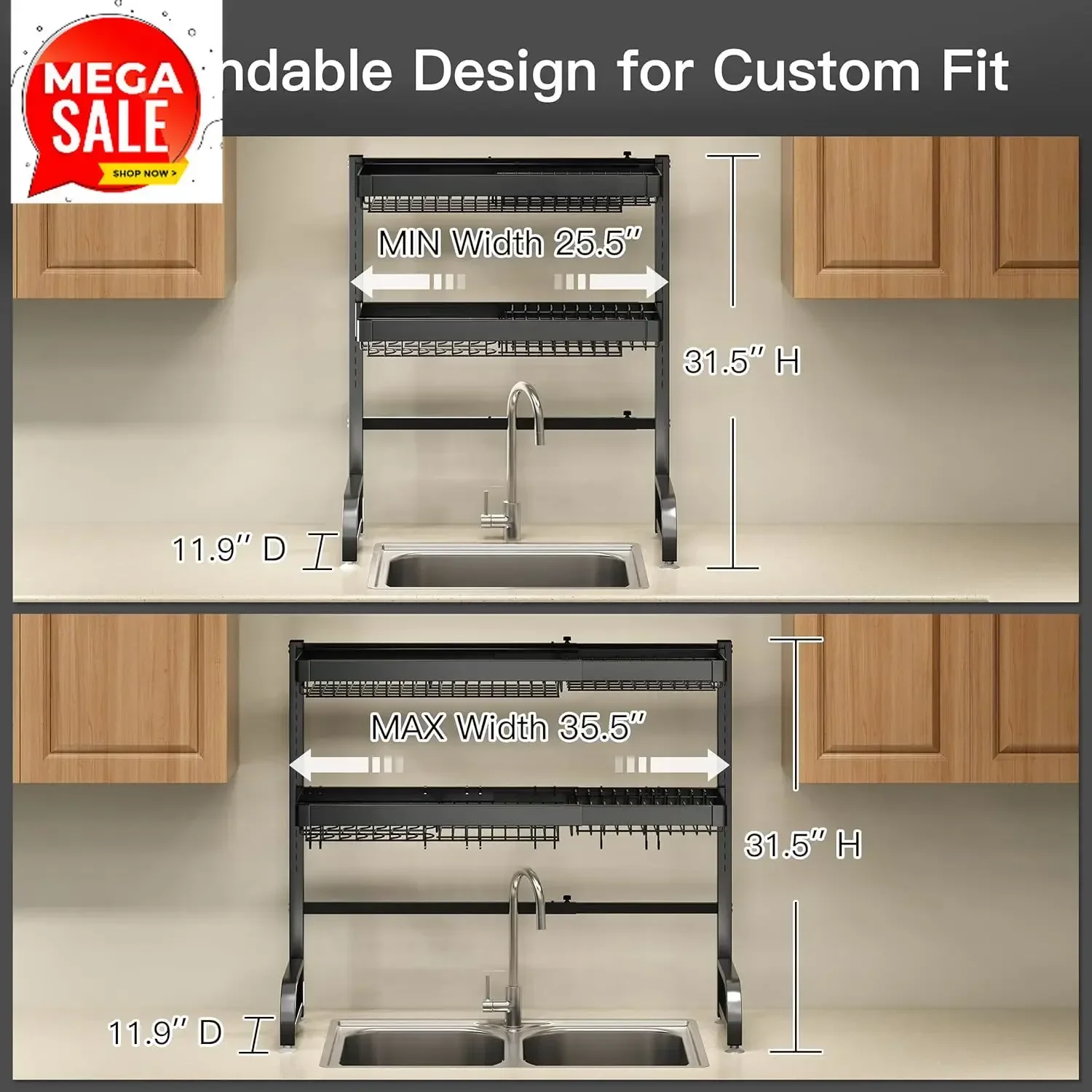 Hot Sales3 Tier Extra Large Stainless Steel Expandable Over The Sink Dish Drainer Drying Rack, Rust Proof Metal, Space Saving, M