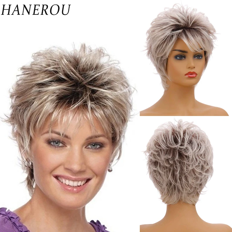 

HANREROU Synthetic Short Wig with Bangs Wavy Curly Natural Women's Wig Heat Resistant for Daily Party Cosplay