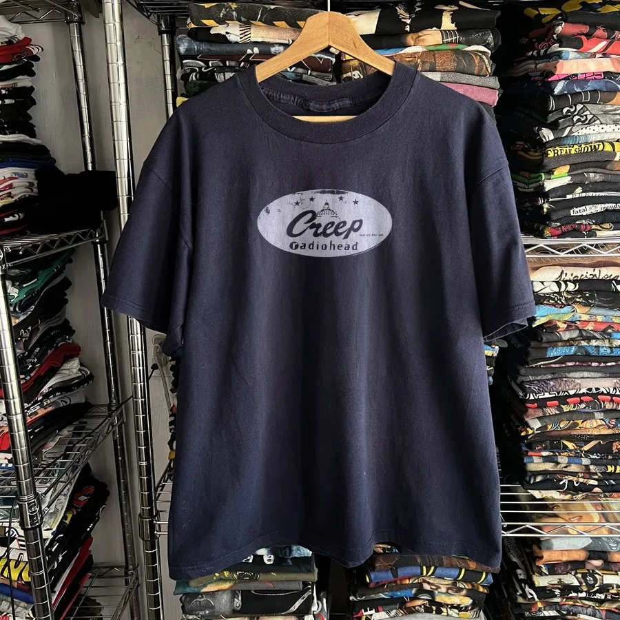 Rare Radiohead Creep Washed Navy Tee Y2K Style Underground Print Loose Fit Retro Summer
