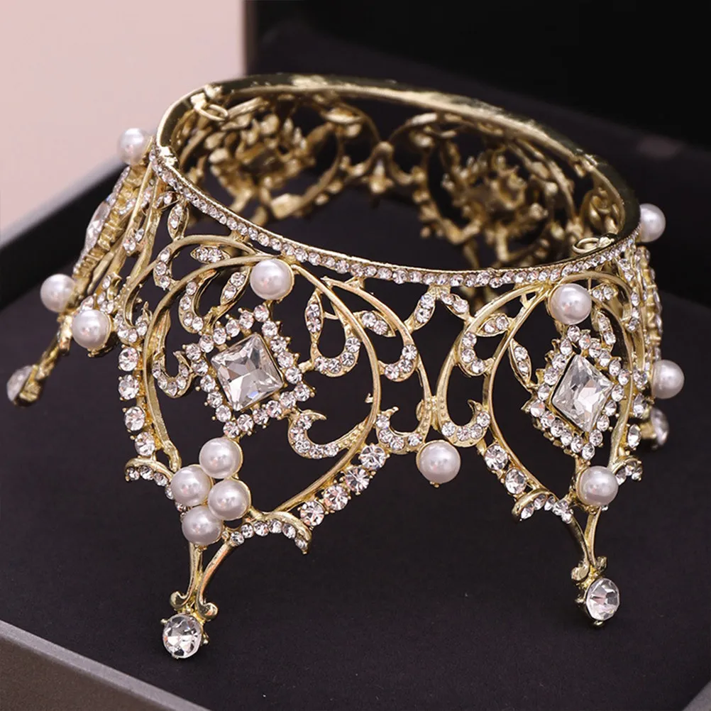 

Baroque Crown for Women Luxury Round Rhinestone Wedding Tiara Bridal Headwear Engagement Party Hair Accessory Golden Sparkling