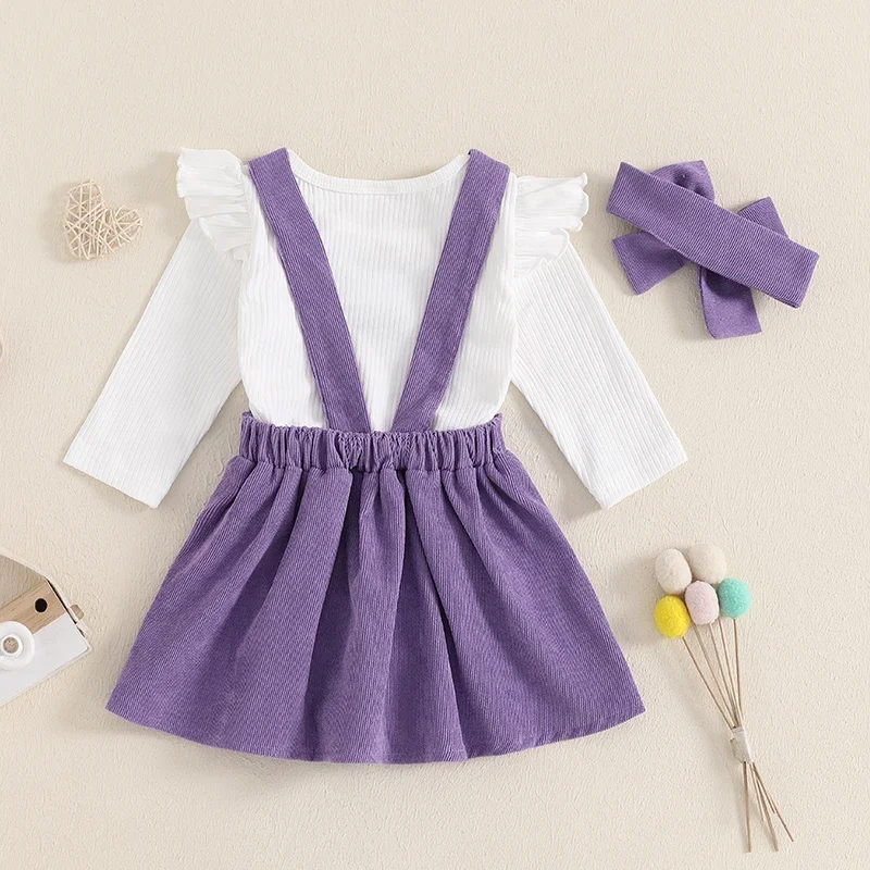 Spring Autumn Newborn Baby Girls Clothing Sets Solid Ribbed Long Sleeve Rompers with Heart Suspender Pleated Dress+Headband